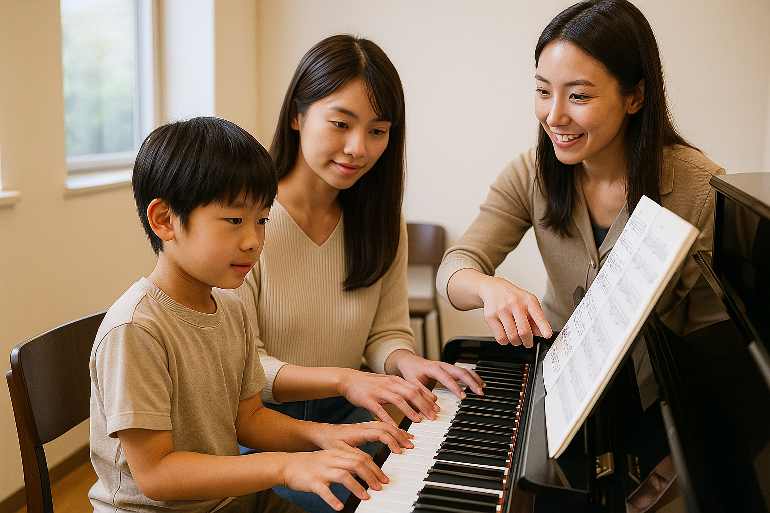 ピアノレッスン風景。先生と生徒が楽しそうに演奏しています