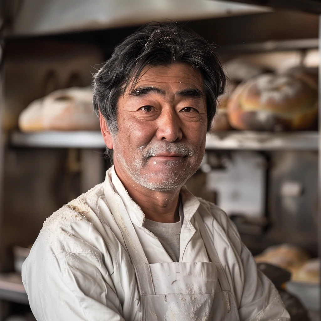職人 火村 清司 が薪火の石窯前で生地を仕込む姿