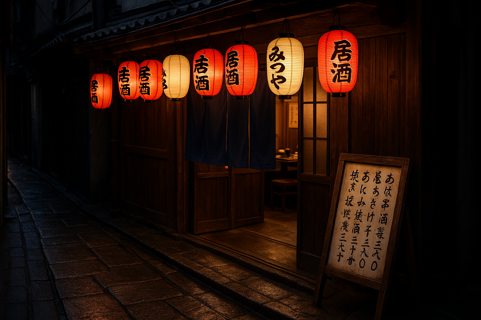 提灯と暖色照明の夜の居酒屋外観