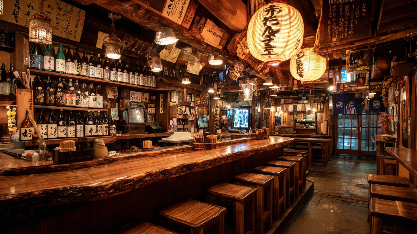 店内全景 (提灯 + 木のテーブル + 暖光)