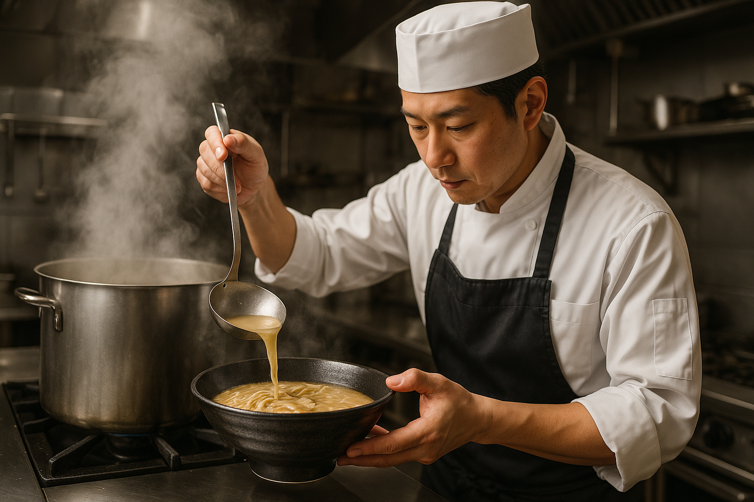 厨房でスープを丼に注ぐ職人の手元