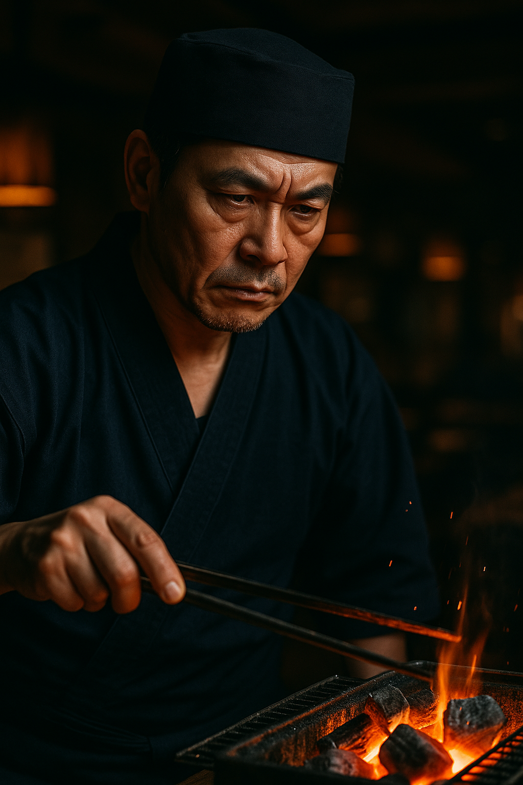 店主が炭火と肉に向き合う