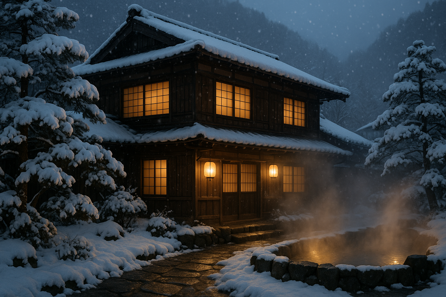 雪景色の温泉旅館